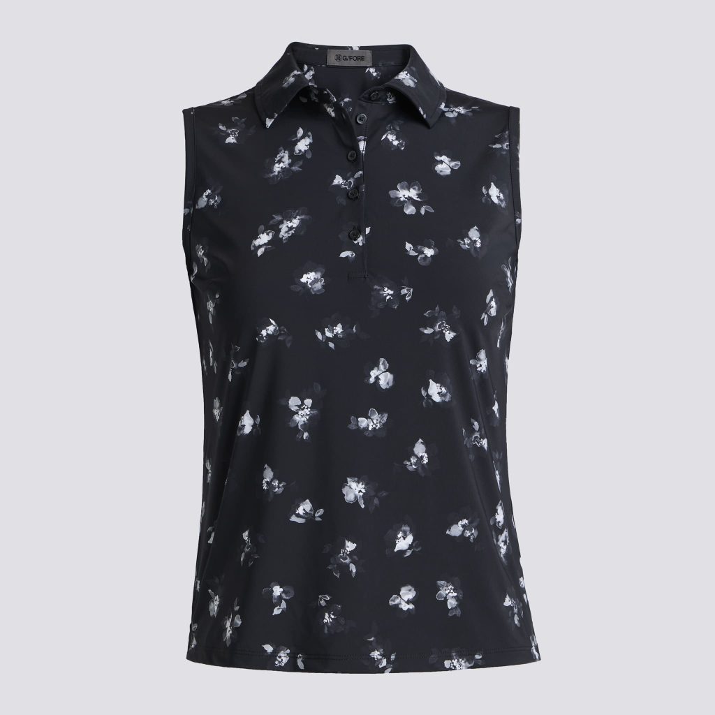 moody floral silky tech nylon sleeveless polo
