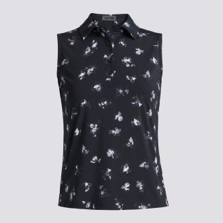 moody floral silky tech nylon sleeveless polo